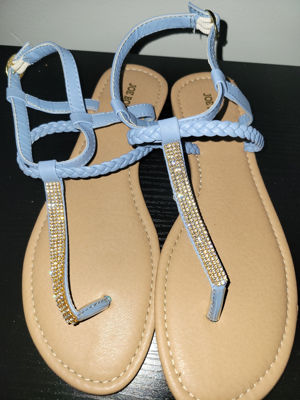 Joe Boxer Light Blue Braided T-Strap Sandals with Gold Rhinestones